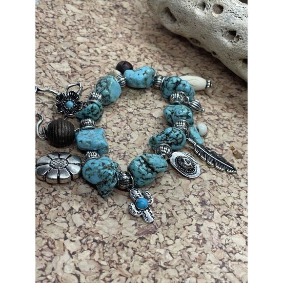 Boho Jewelry - Turquoise Nugget Stretch Bracelet Feather Cactus Cow Western Bead Wood Flower